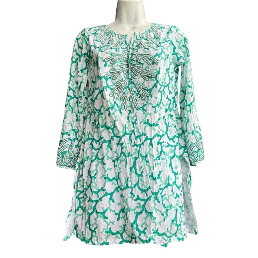 Barbara Gerwit Tunic Top Small Green Coral Print Beaded Coastal Beach Blouse